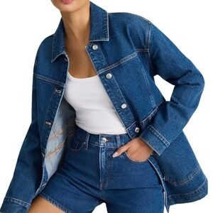 Express NWT Womens Medium Wash Longline Modern Denim Jean Jacket Blue Size M